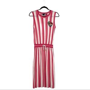 Love Moschino Pink Red White Stripe Mesh Knit Drawstring Midi Flowy Shirt Dress